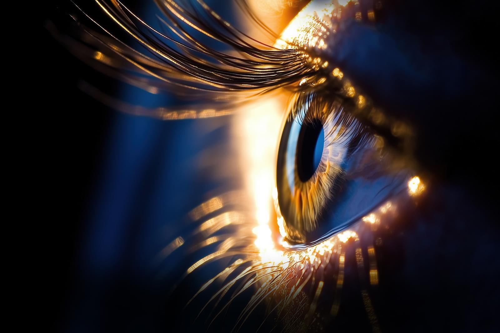 Golden reflections on a deep blue eye